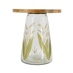 Round Glass Side Table with Hand-Painted Glass Base and Wood Top