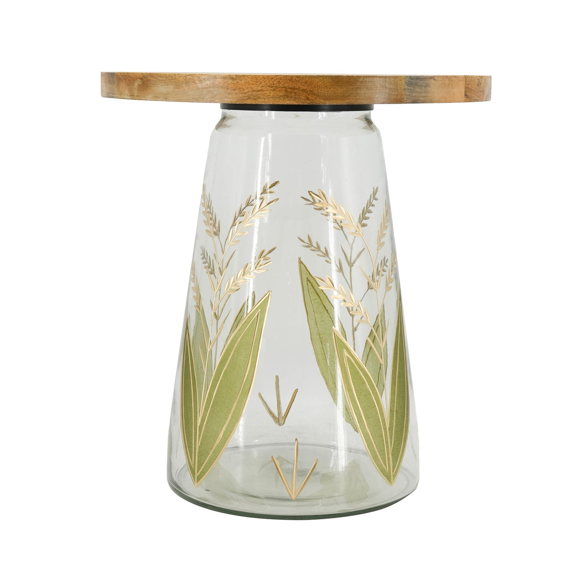Round Glass Side Table with Hand-Painted Glass Base and Wood Top