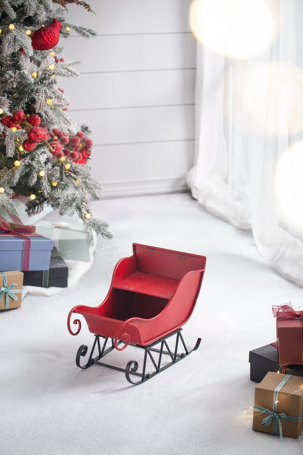 Red Iron Christmas Santa Sleigh Decoration with Durable Iron Construction