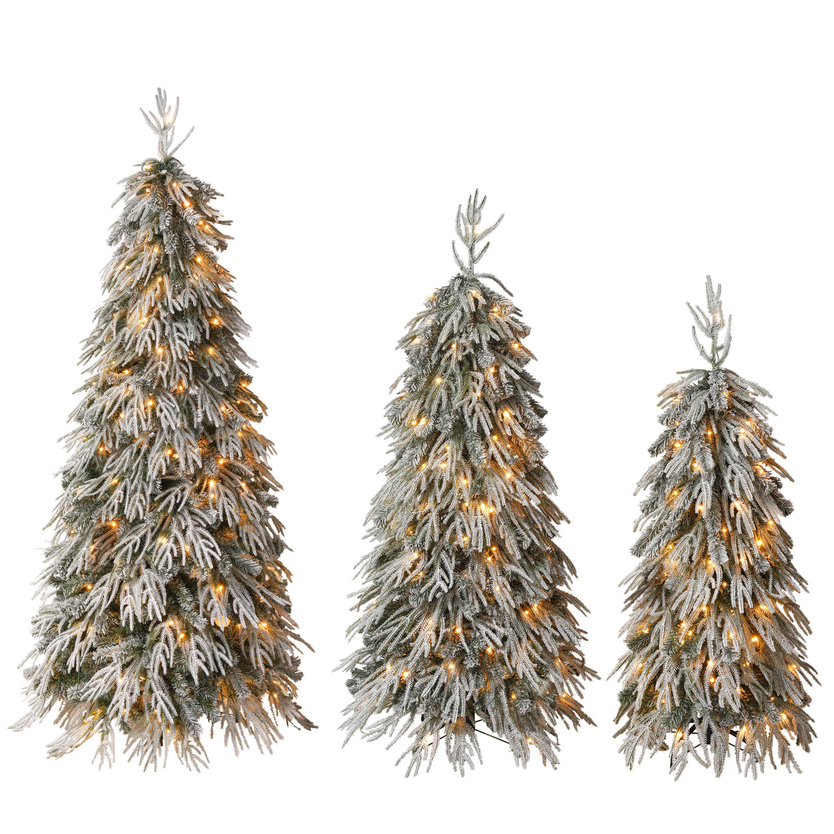 Snowy Cascading Christmas Trees 3-Piece Set with Flocked Hinged Branches - White