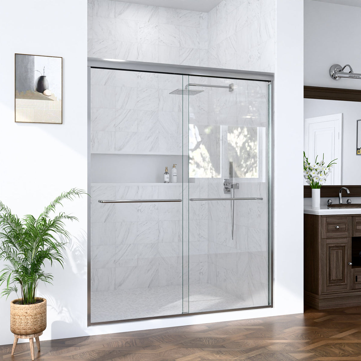 Semi-Frameless Double Sliding Shower Door with Tempered Glass - Clear