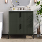 Bathroom Vanity With Ceramic Sink and Fluted Design - Dark Green, White, Light Brown