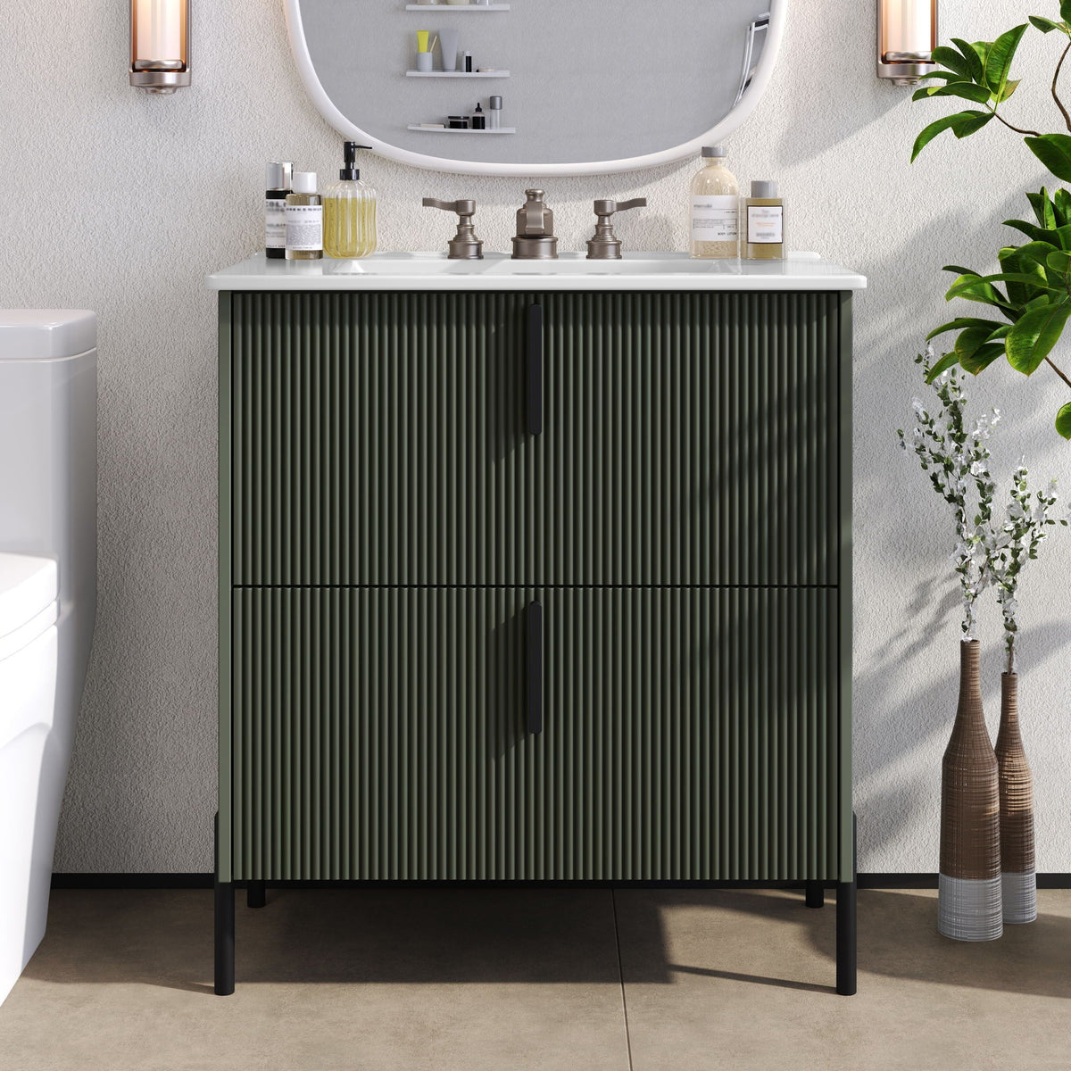 Bathroom Vanity With Ceramic Sink and Fluted Design - Dark Green, White, Light Brown