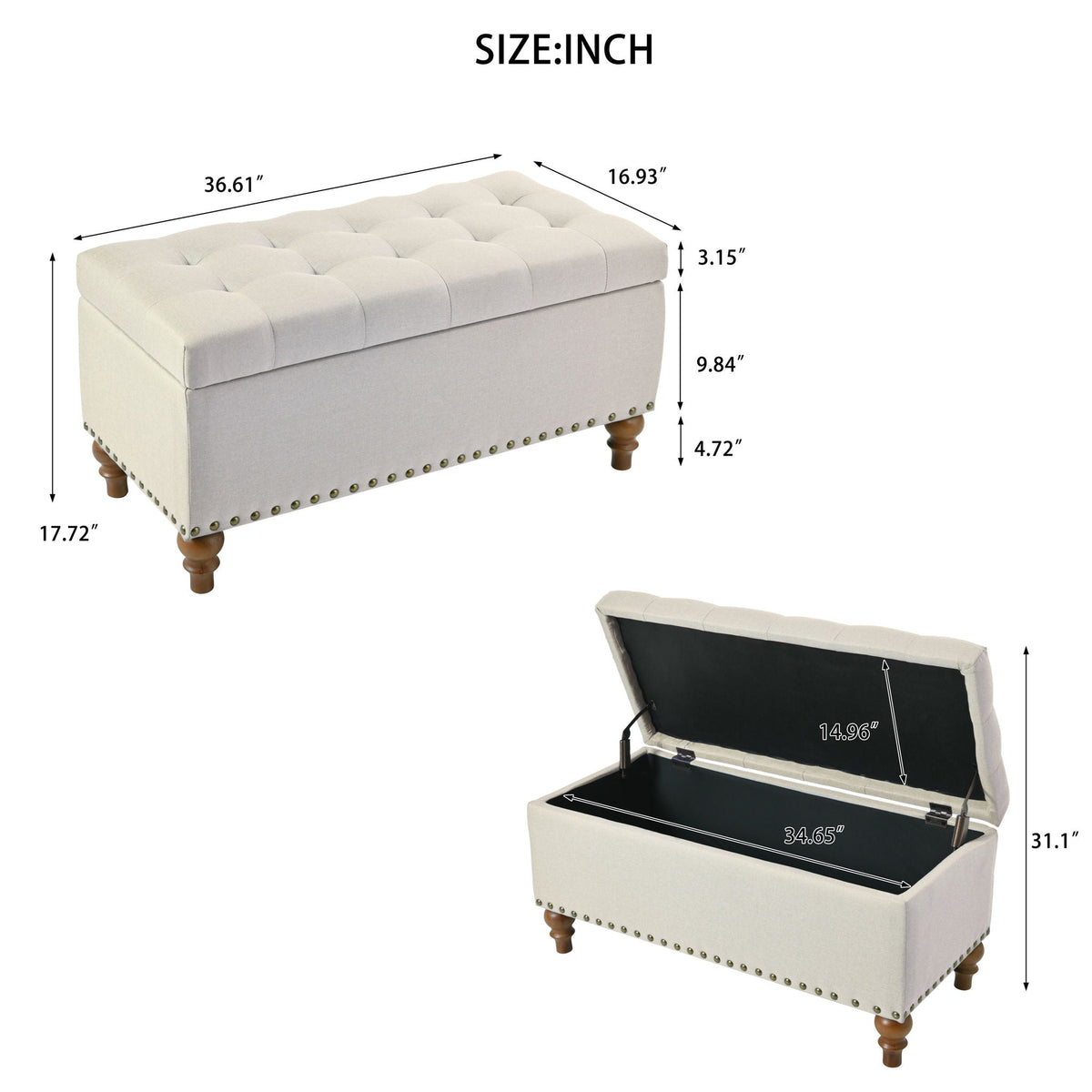 Upholstered Ottoman with Storage and Rivet Trim - Fabric, Beige or Gray