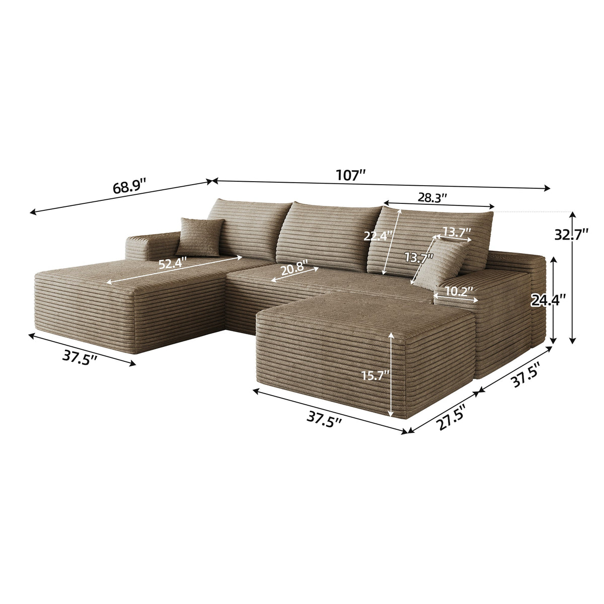 107" Cloud Sectional Sofa with Ottoman - Plush Corduroy, Modern Minimalist Design