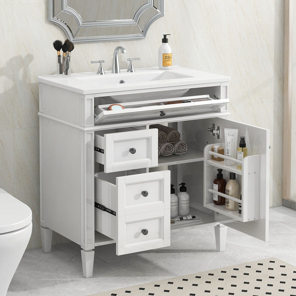 Bathroom Vanity with Ceramic Sink and Multiple Storage Drawers - White, Blue, Dark Gray, Black, Dark Green