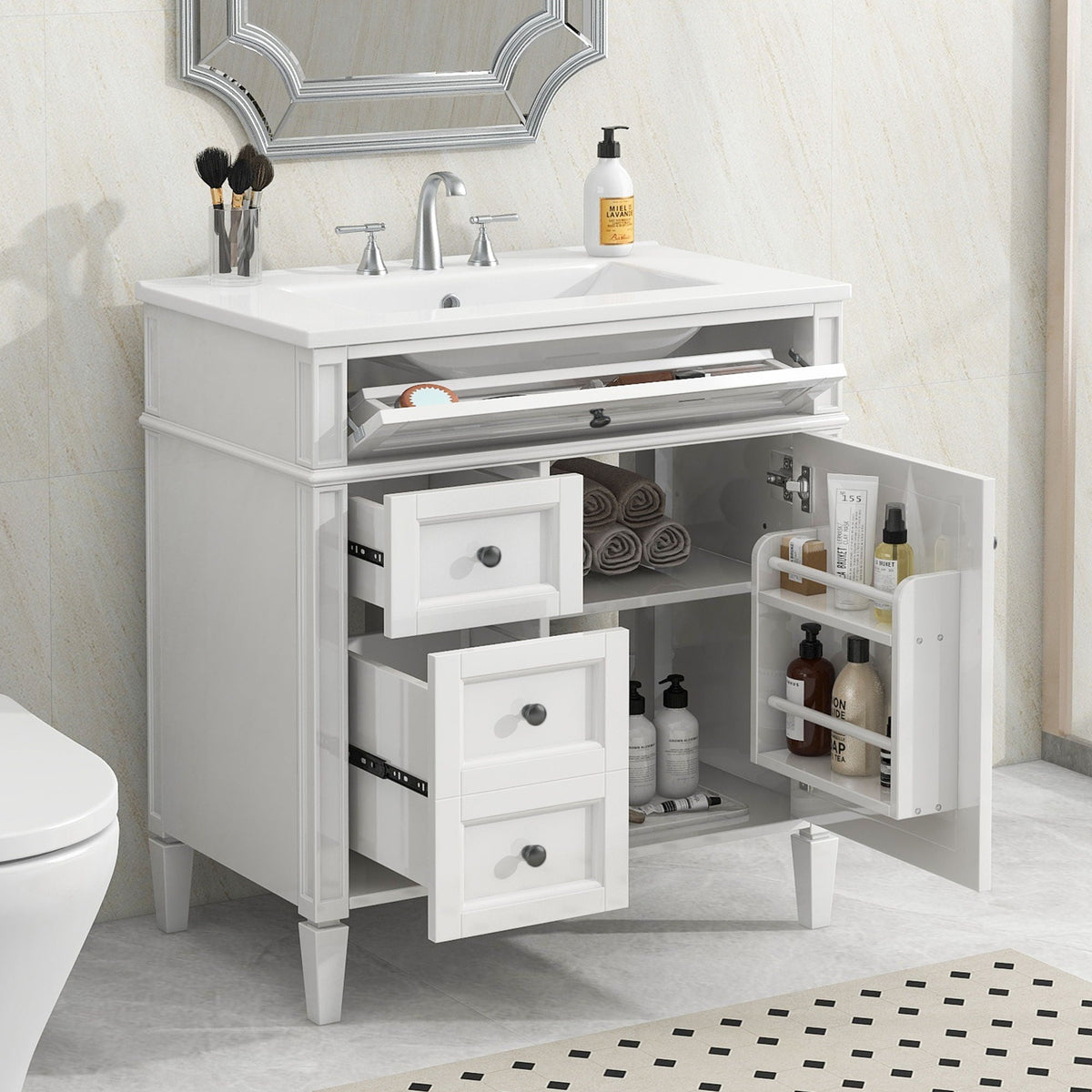 Bathroom Vanity with Ceramic Sink and Multiple Storage Drawers - White, Blue, Dark Gray, Black, Dark Green