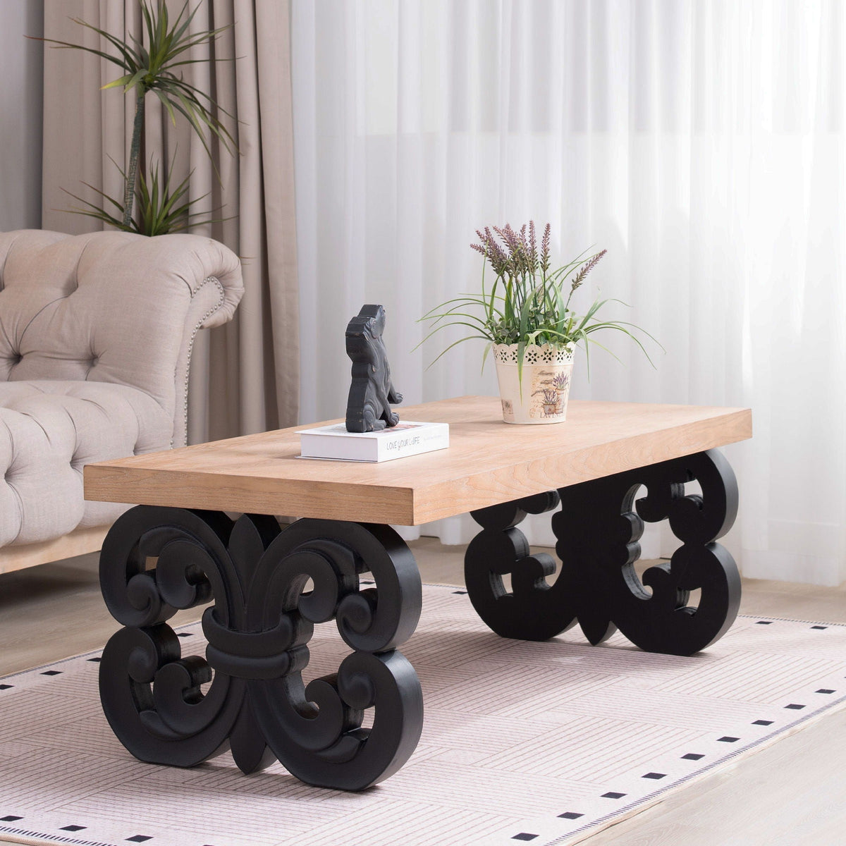 Ornate Scroll Base Coffee Table with Rectangular Top – Black or White