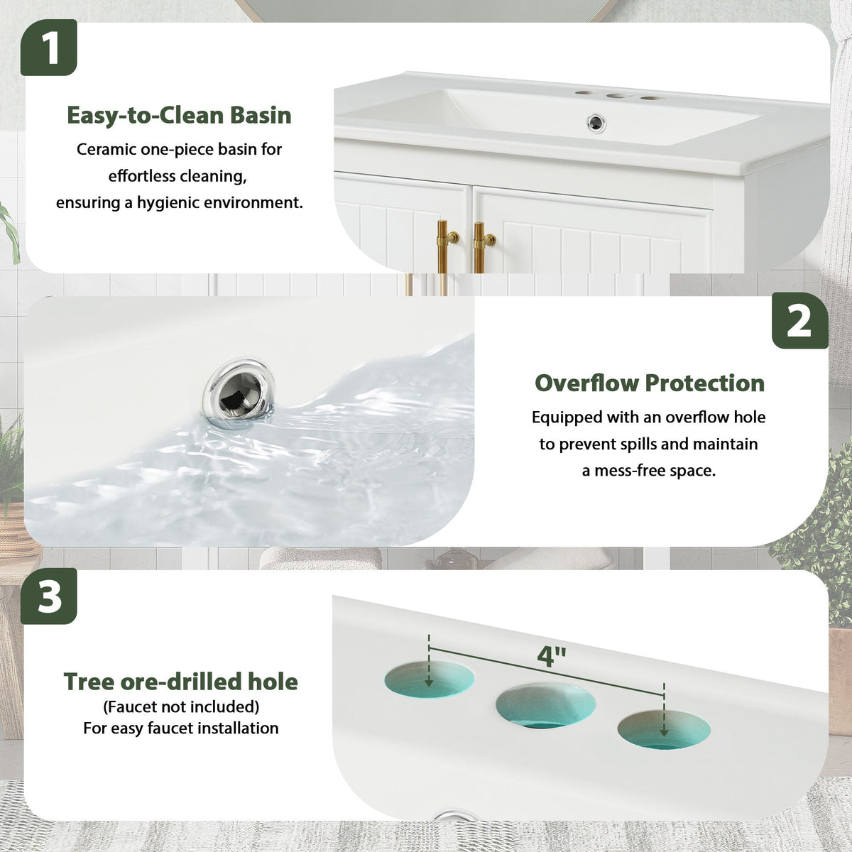 Elegant Bathroom Vanity with Ceramic Sink and Storage - White or Green