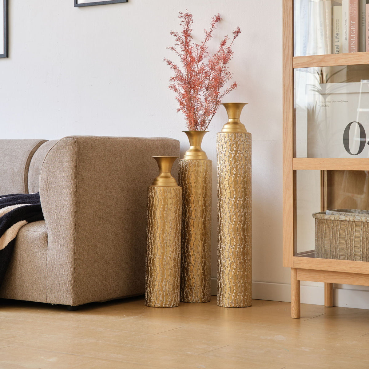 Gold Metal Floor Vases Set with Vine Pattern – Set of 3