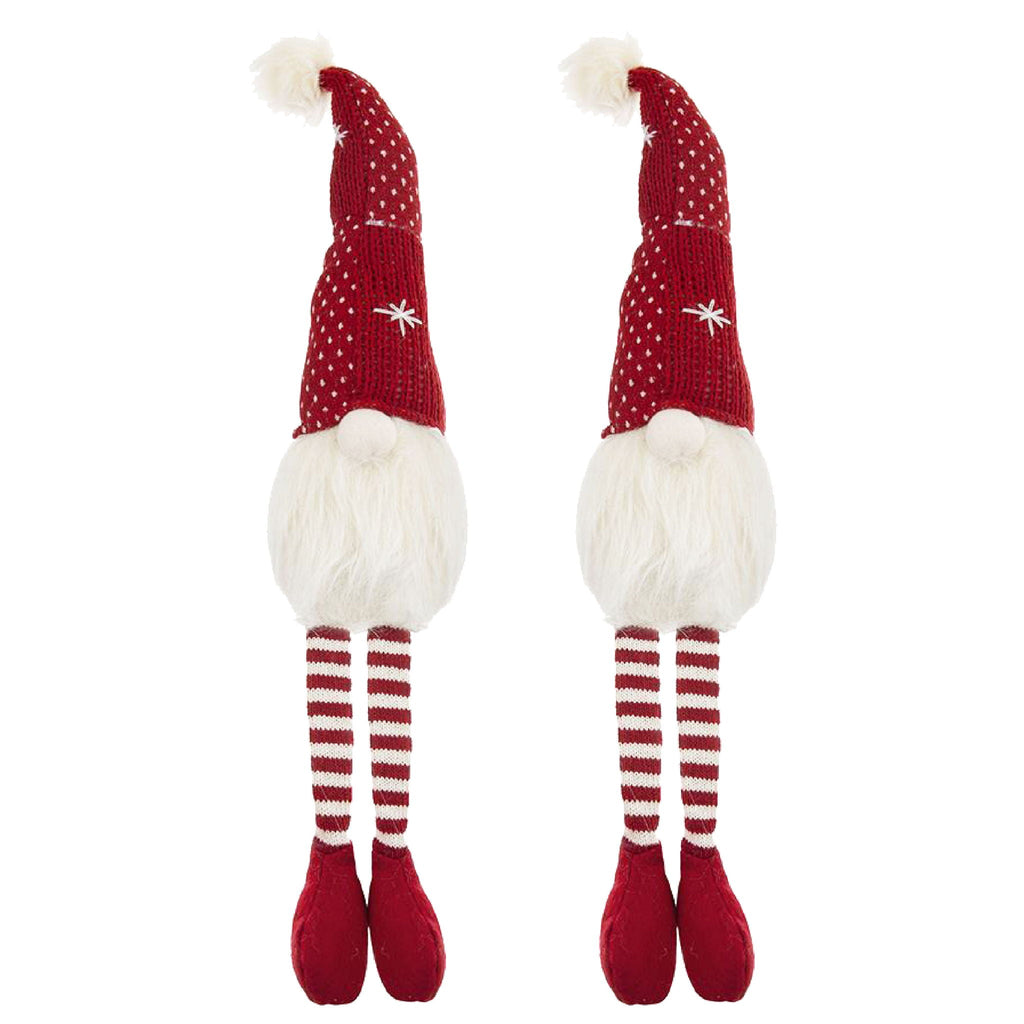 Christmas Gnomes Decorations Set of 2 with Fluffy Beards - White / Red