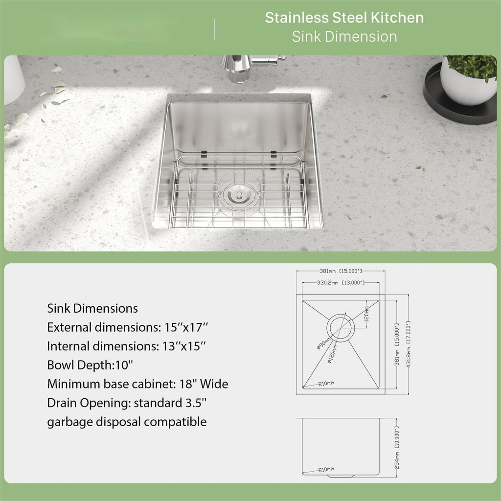 Modern Undermount Stainless Steel Kitchen Sink 16 Gauge, Deep Single Bowl - Gray