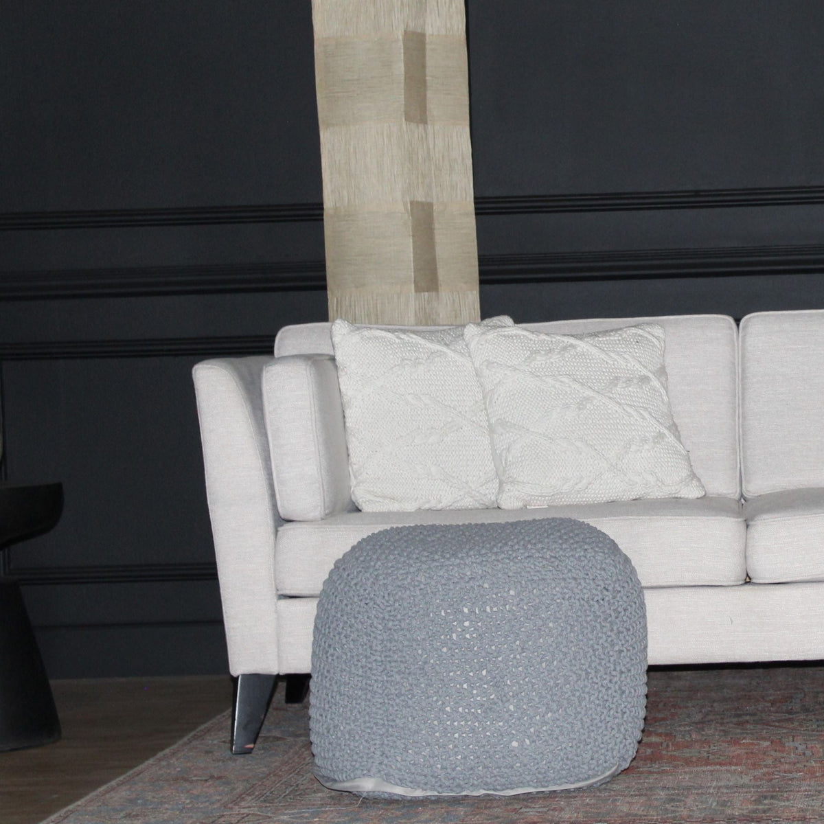 Cable Knitted Accent Pouf with Semi Rounded Design - Beige, Dark Brown, Dark Gray