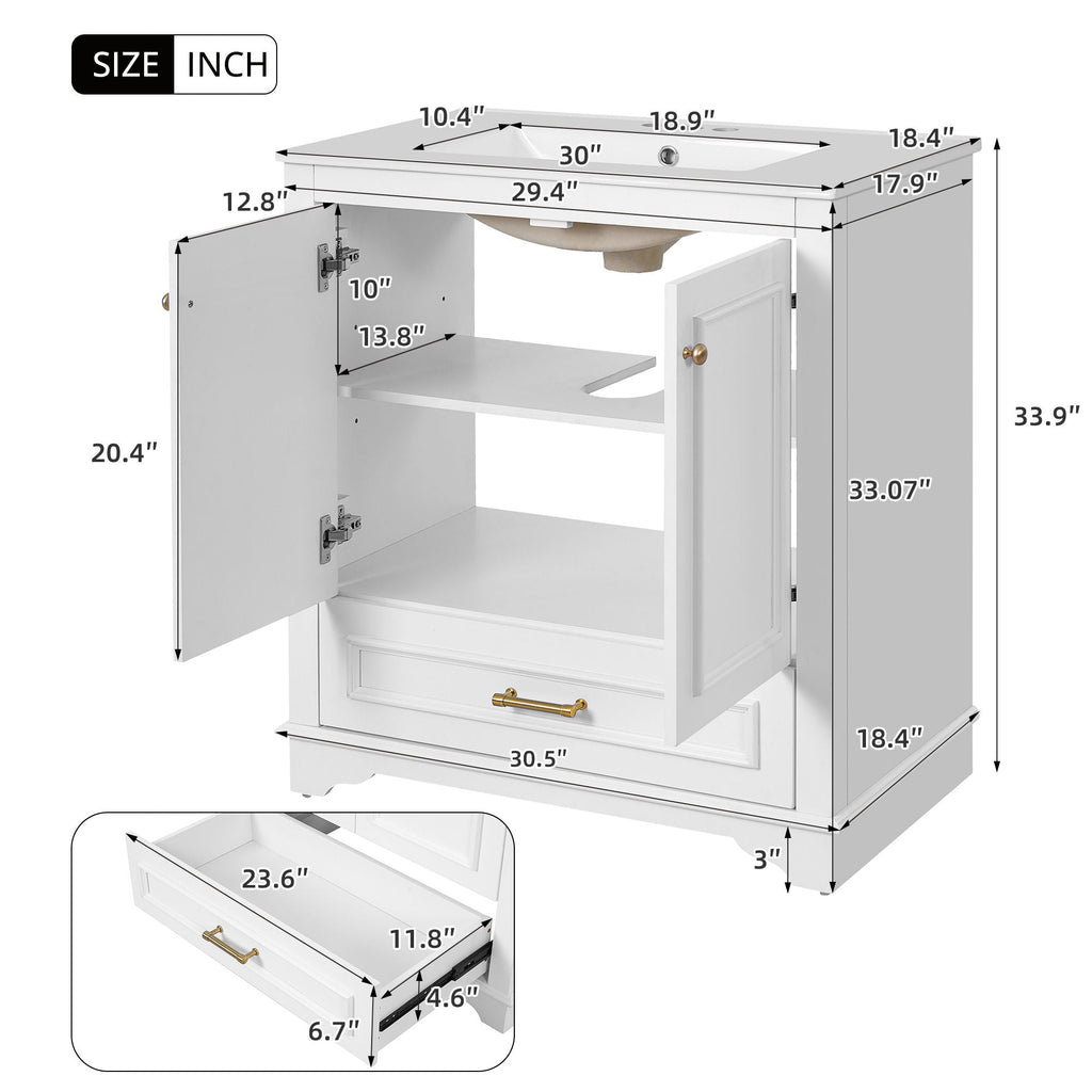 Bathroom Vanity with Sink and Adjustable Shelf - White, Green, Black