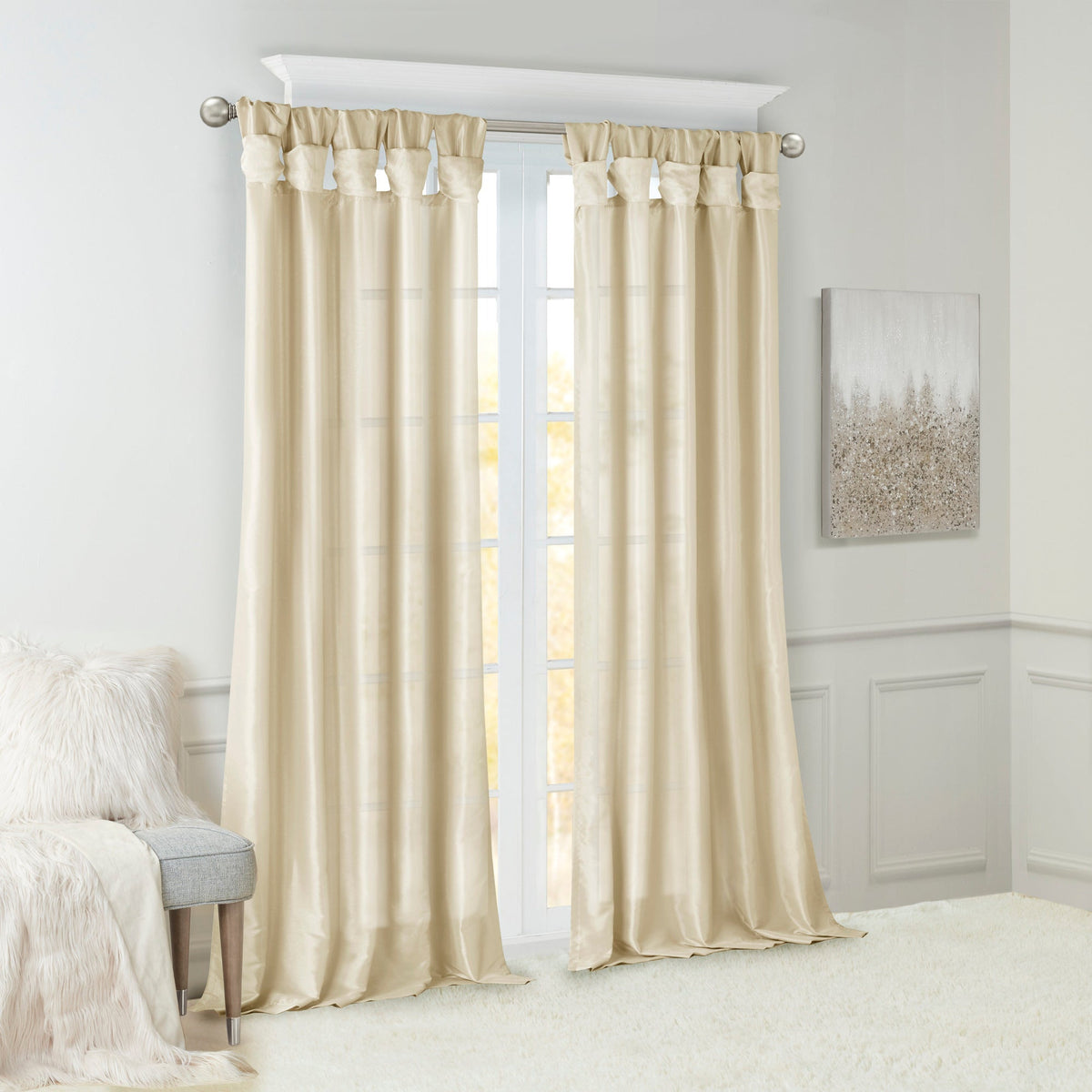 Champagne Twist Tab Lined Window Curtain Panel with Faux Silk Finish - 50" x 95"