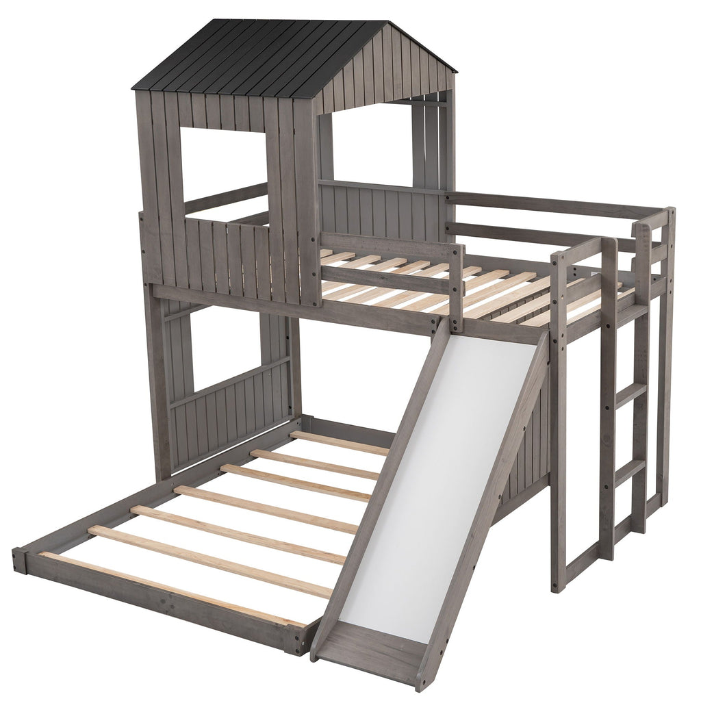 Loft Bunk Bed With Playhouse, Slide, and Guardrails - Twin Over Full