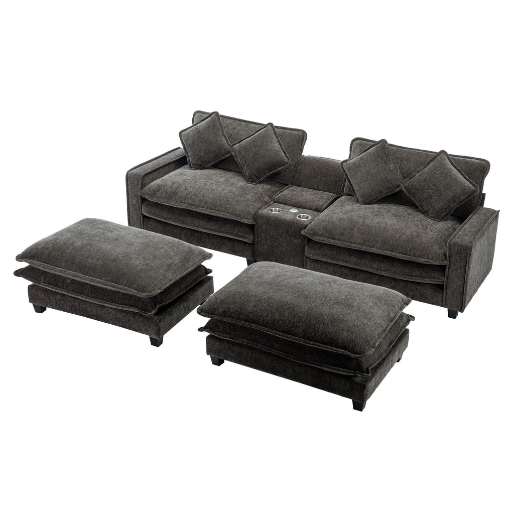 Modern Sectional Sofa with Removable Ottomans, USB Ports - Dark Gray or Light Blue