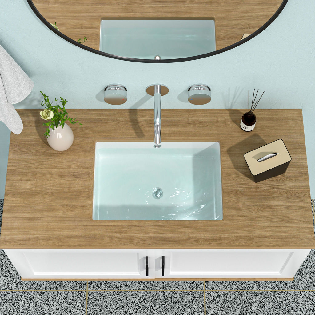 Modern Ceramic Rectangular Undermount Bathroom Sink with Overflow - White