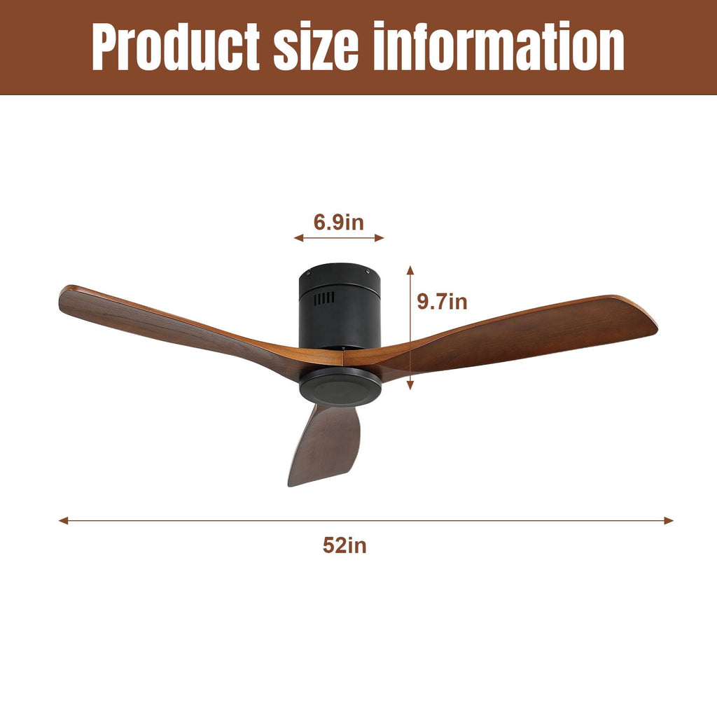 Low Profile Ceiling Fan with 3 Blades and Remote Control - Light or Dark Brown