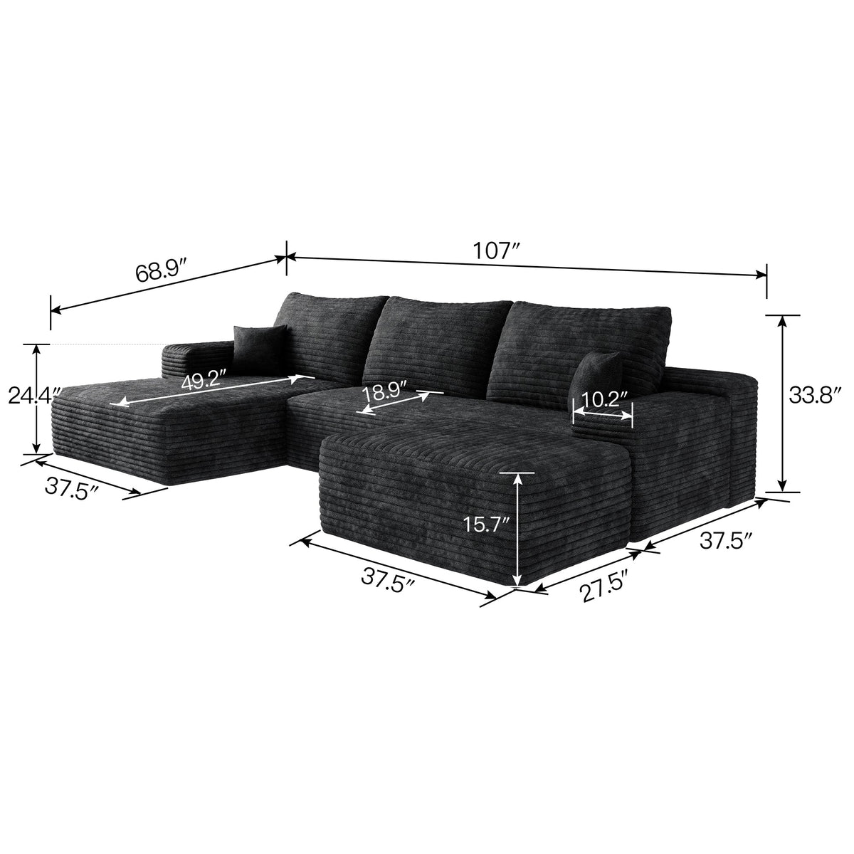 107" Cloud Sectional Sofa with Ottoman with Plush Corduroy - Black or Green