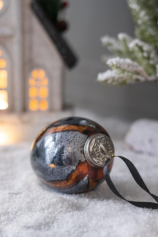 Blue Glass Christmas Ball Ornaments Set of 6 with Brass Accents
