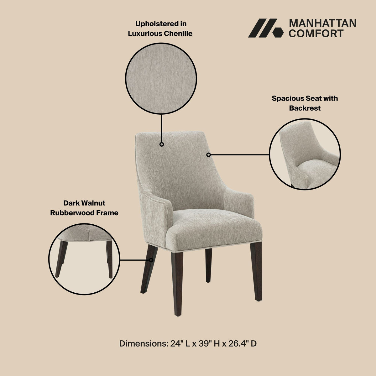 Upholstered Armchair with Ergonomic Backrest - Beige or Dark Gray