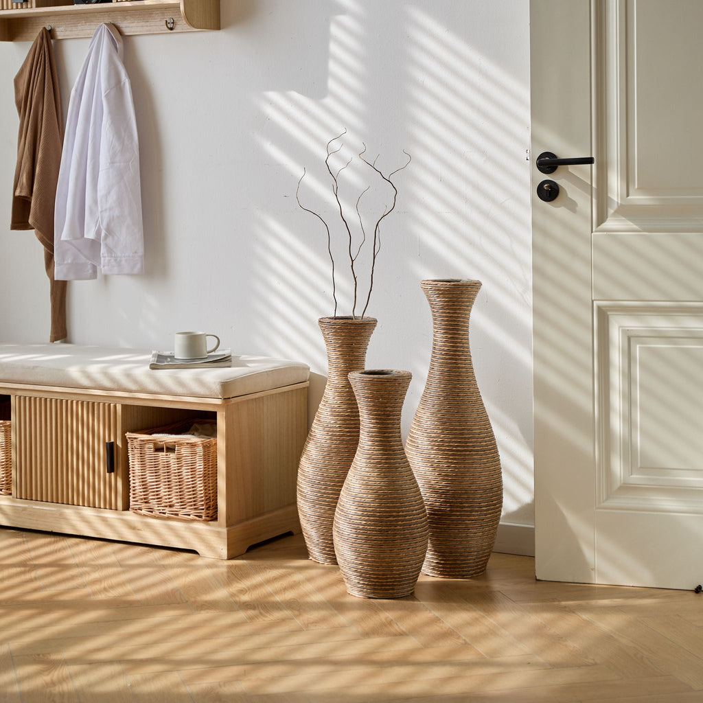 3 Piece Artificial Rattan Floor Vase Set with Modern Artistic Style - Beige