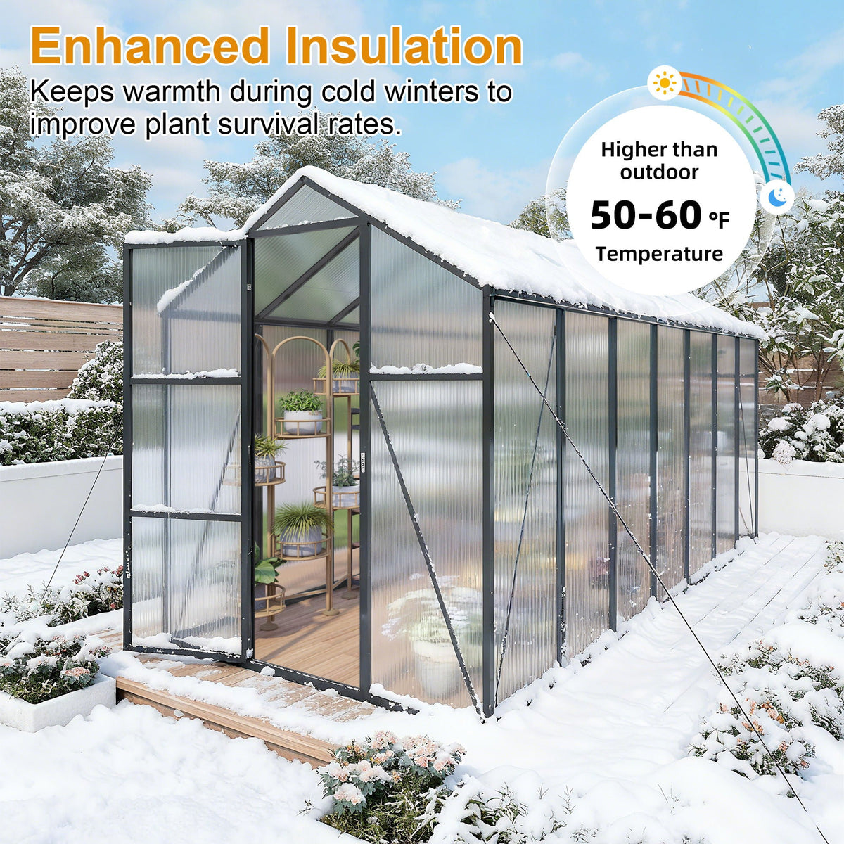 Windproof Greenhouse with Raised Base - Polycarbonate Panels - Black