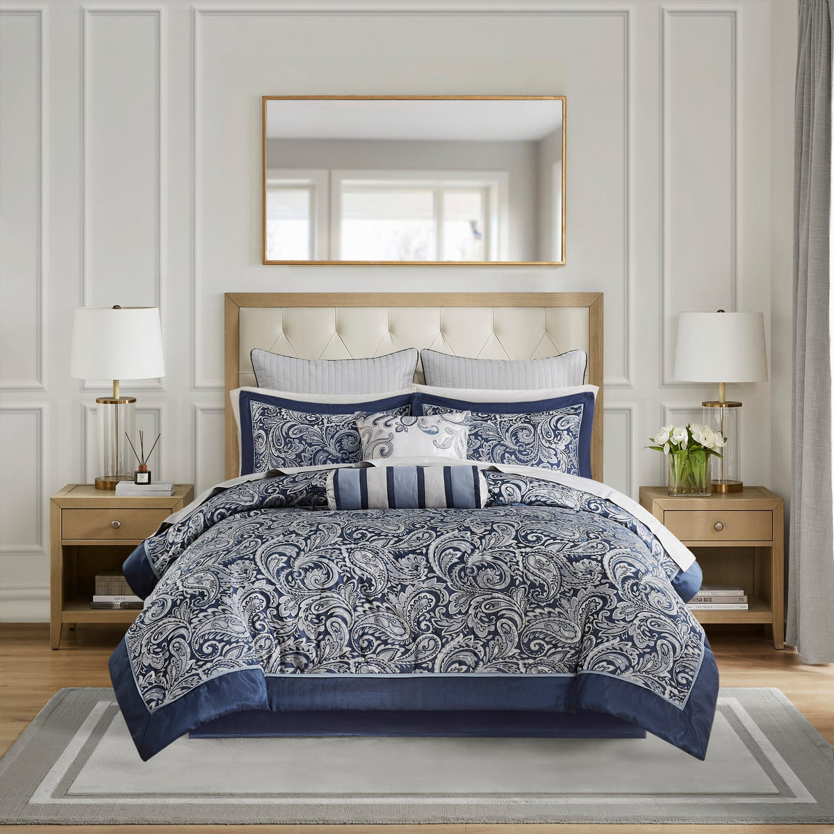 Navy 12 Piece Comforter Set with Cotton Bed Sheets - Queen, Paisley Jacquard