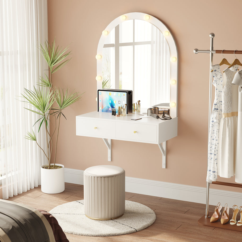 Floating Makeup Vanity Desk with 3-Color LED Mirror – Engineered Wood
