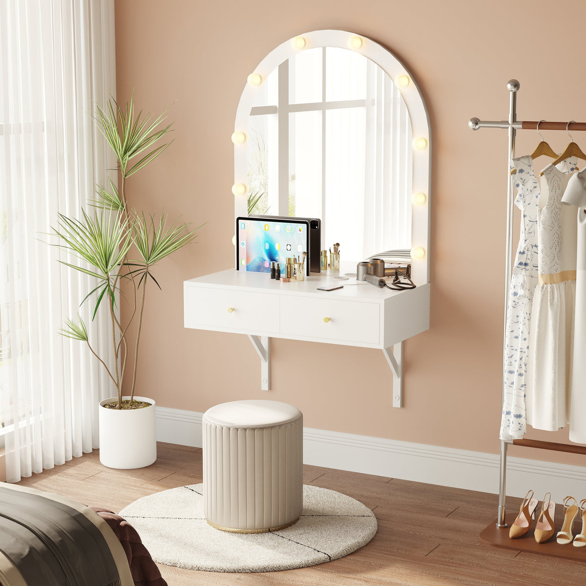 Floating Makeup Vanity Desk with 3-Color LED Mirror – Engineered Wood