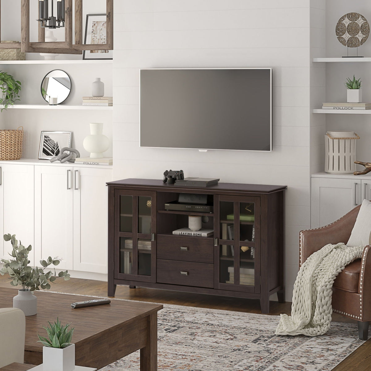 Tall TV Media Stand with Adjustable Storage - Dark Chestnut Brown