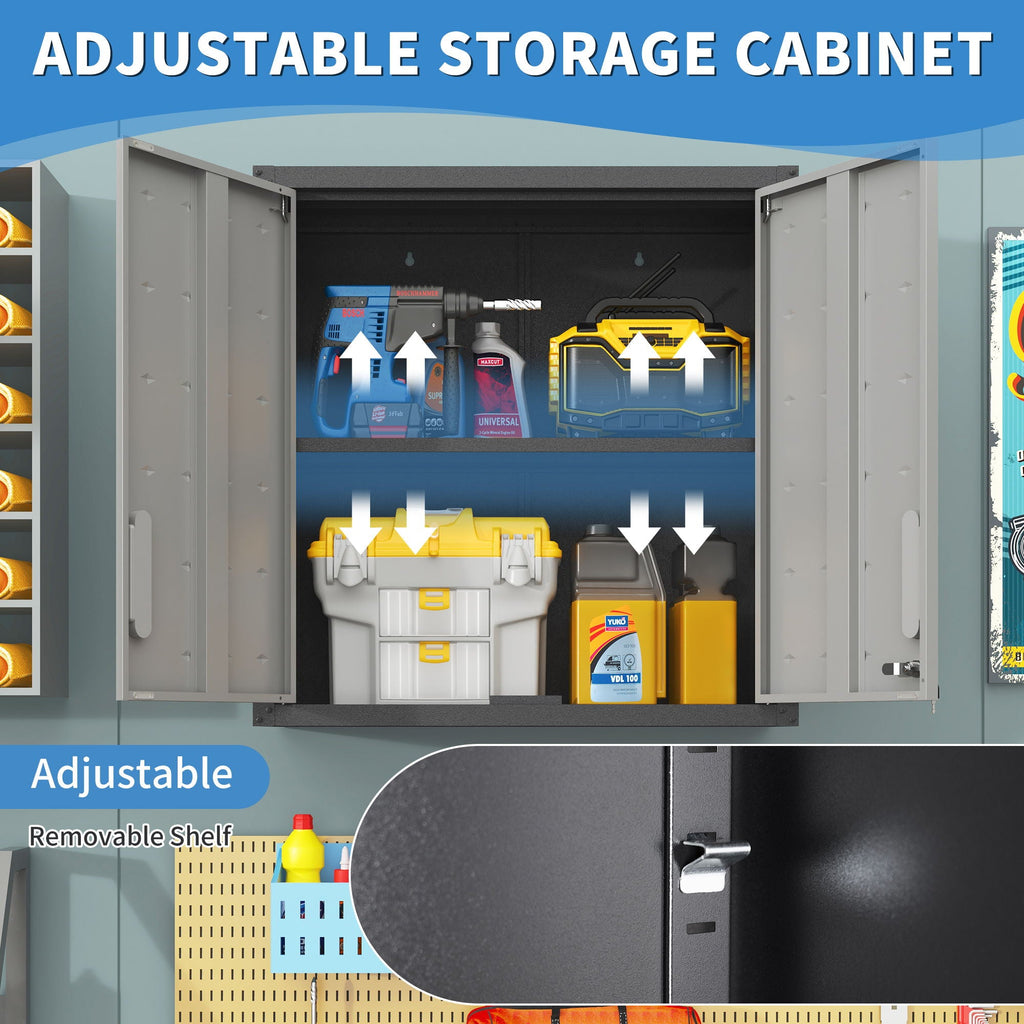Metal Wall Mounted Tool Storage Cabinet with 2 Locking Doors and Adjustable Shelf - Gray or Black