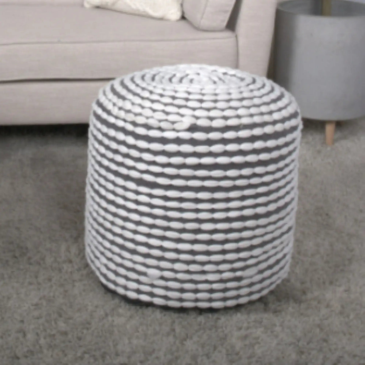 Handcrafted Cylindrical Accent Pouf with Water Resistant Fabric - White, Green, Black