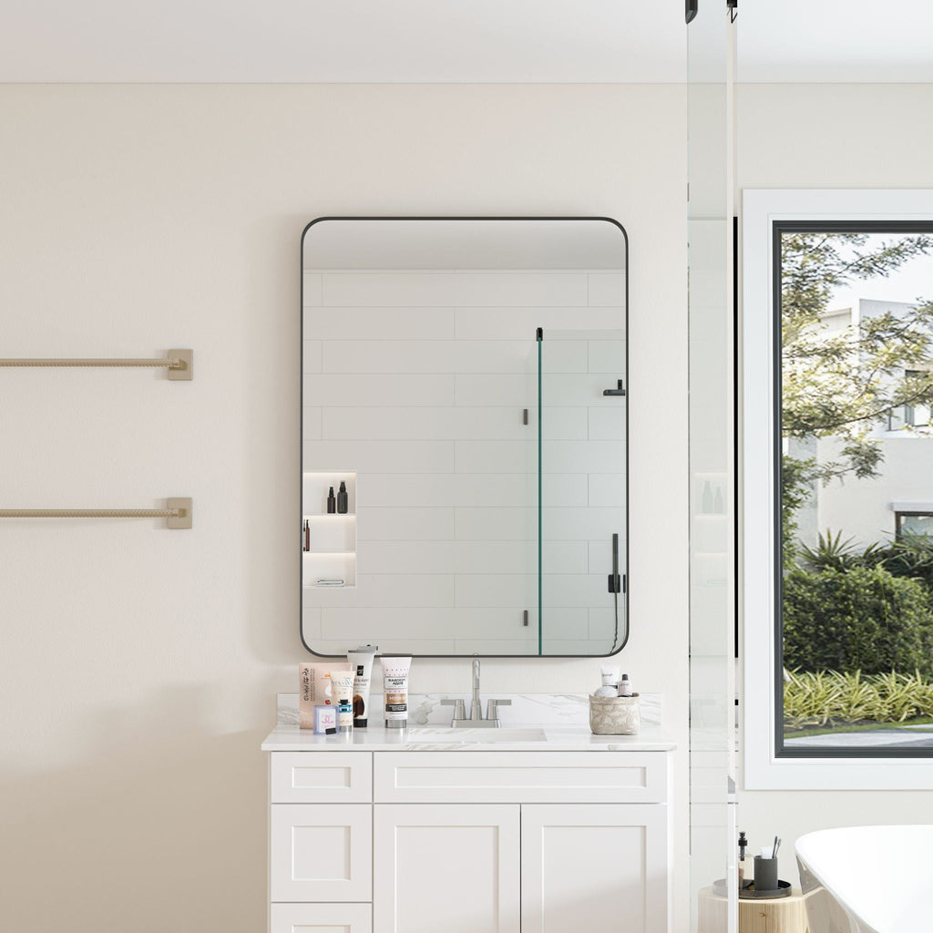 Rectangular Metal Framed Wall Mirror with Modern Design - Black