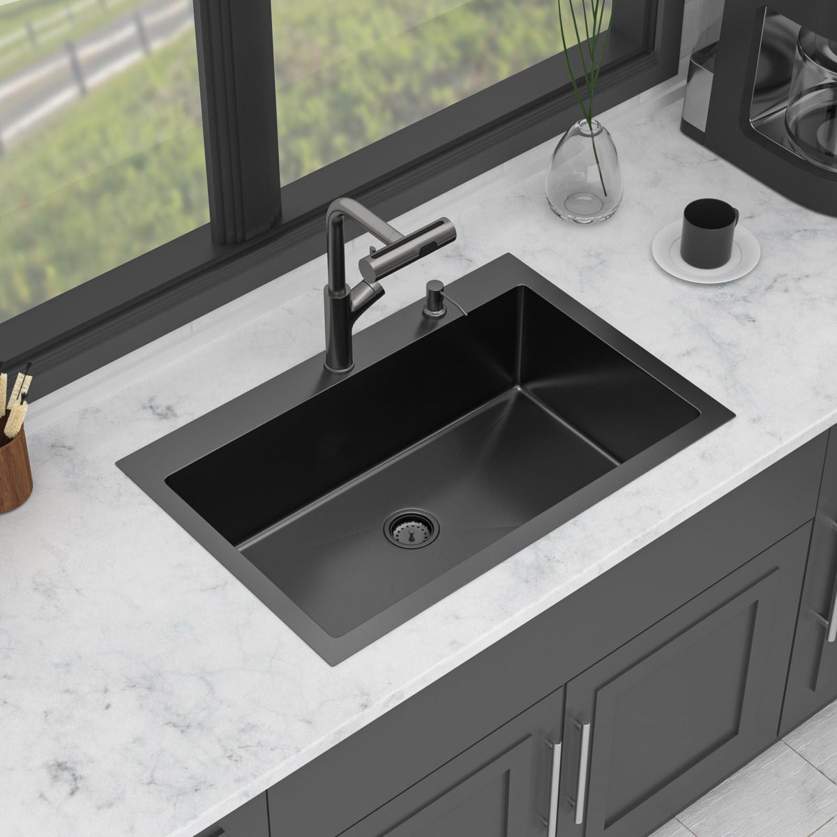 Stainless Steel Drop-In Kitchen Sink with Multi-Function Faucet - Black