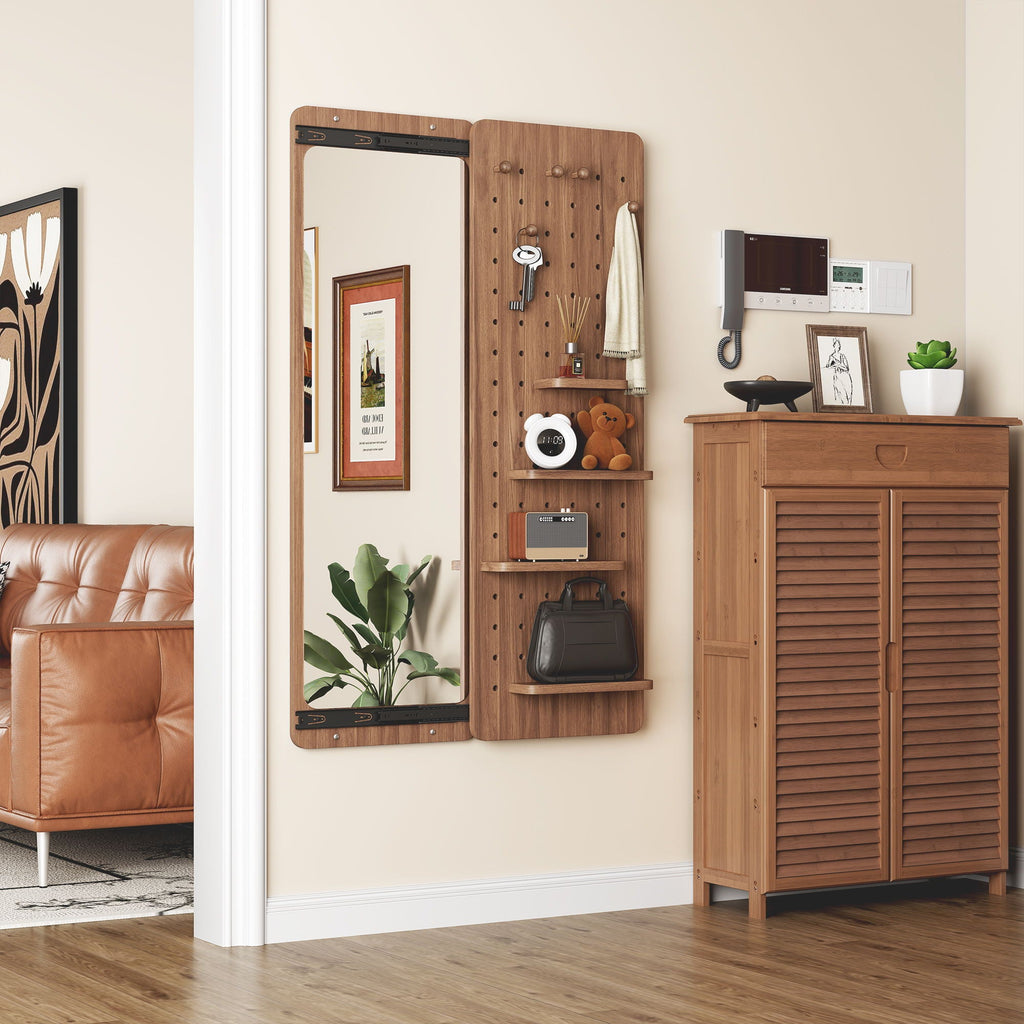 Full Length Wall Mounted Mirror with Shelf and Hook - Dark Brown, White, or Light Brown
