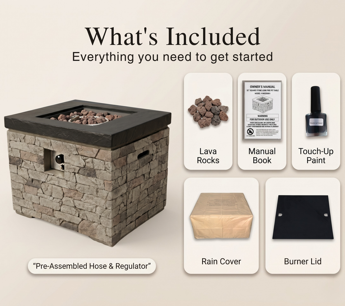 32-Inch Outdoor Fire Pit Table with Lava Rocks - Black Stone Look