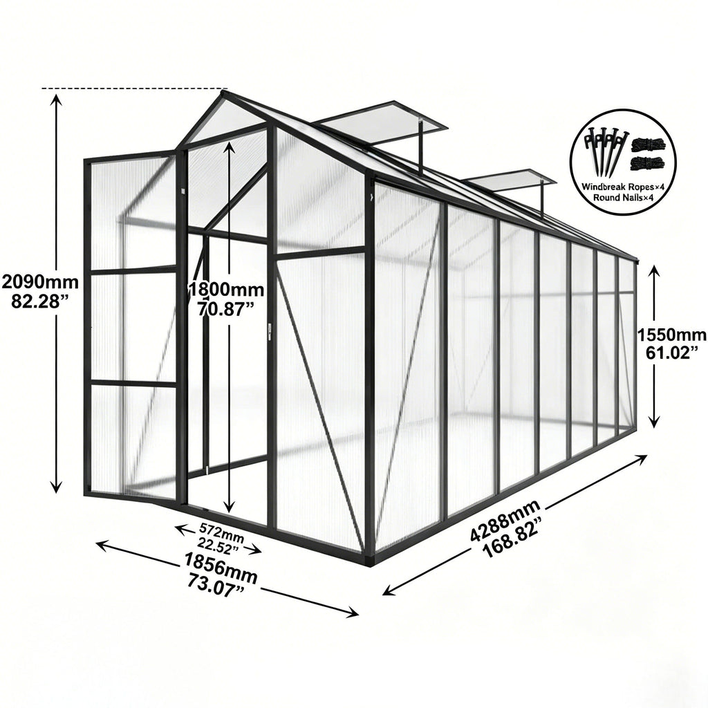 Windproof Greenhouse with Raised Base - Polycarbonate Panels - Black