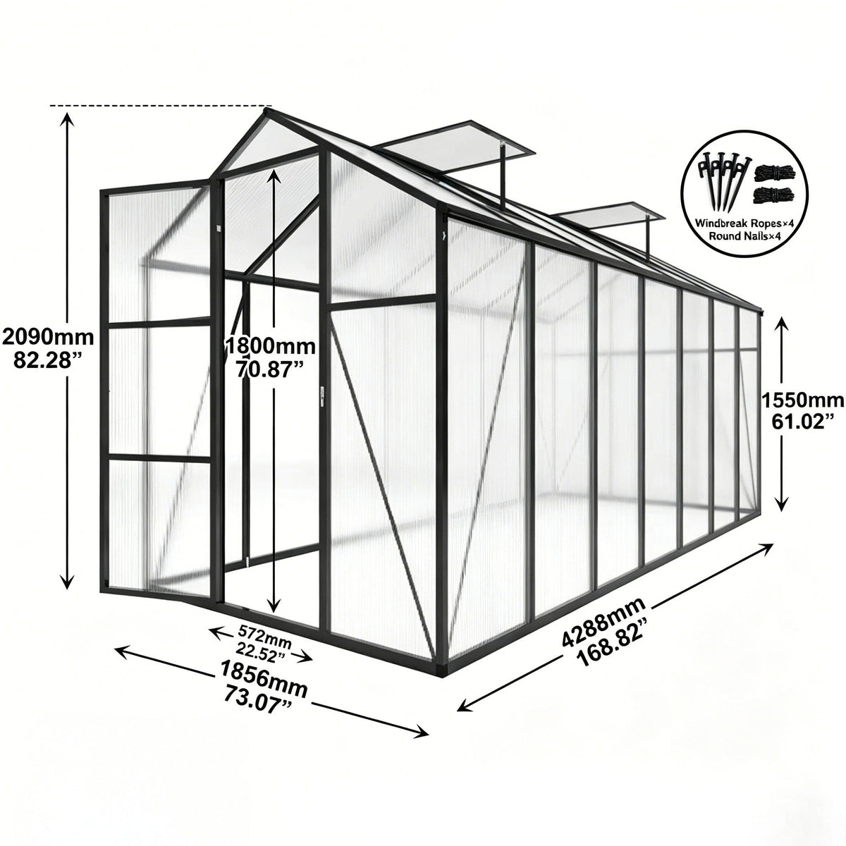 Windproof Greenhouse with Raised Base - Polycarbonate Panels - Black