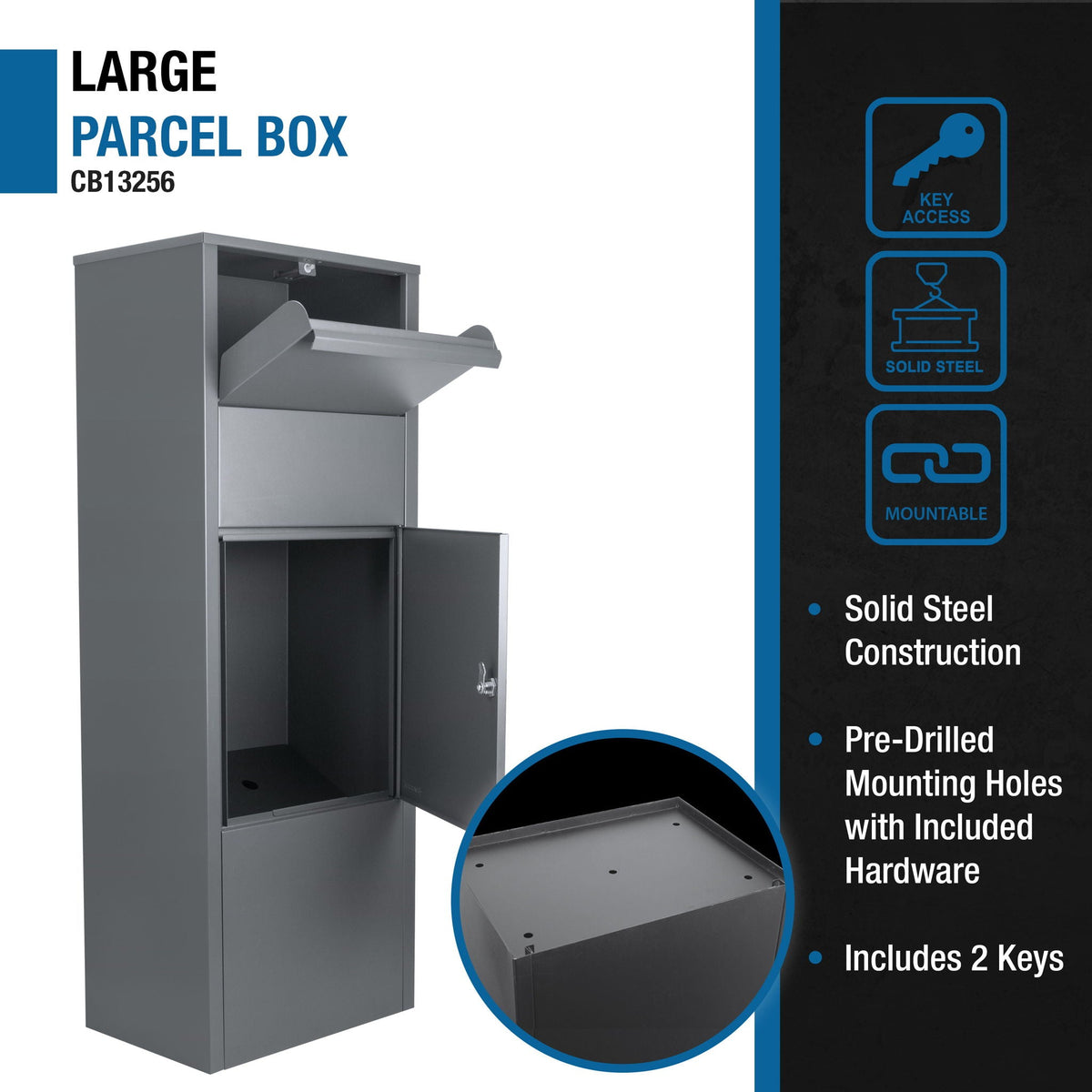 Steel Large Single Compartment Locking Parcel Drop Box with Keyed Access - Gray