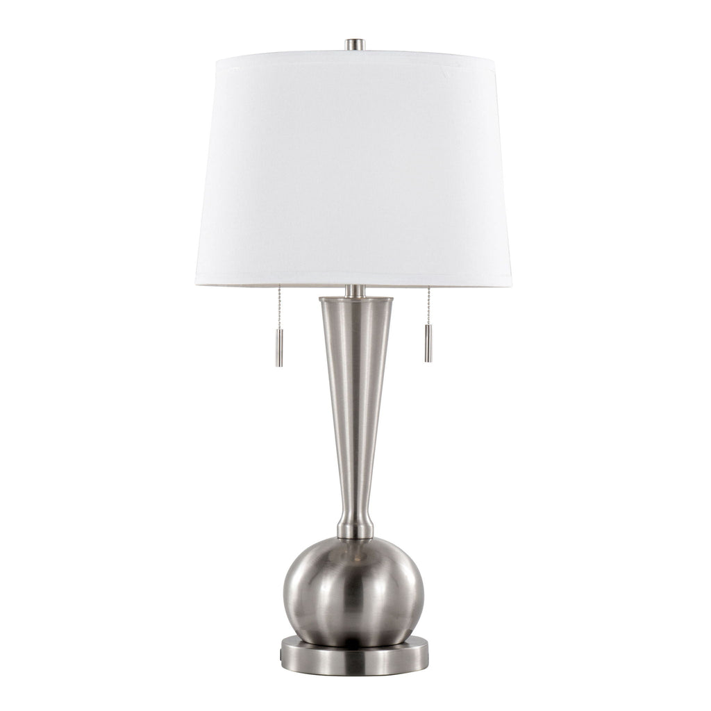 Contemporary Table Lamp Set with Built-In USB Port - Nickel / White