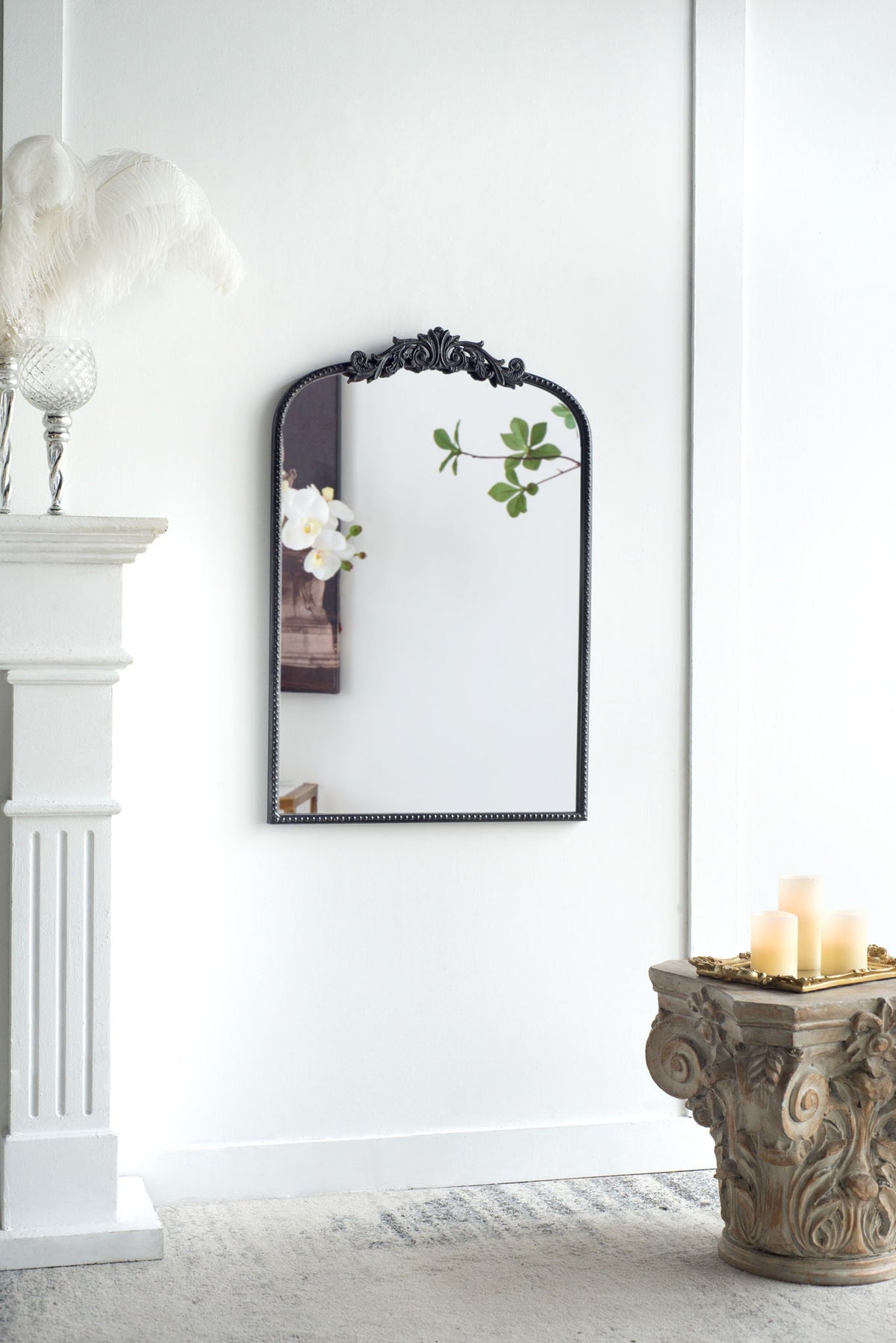 Baroque Inspired Arch Wall Mirror with Ornate Design - Gold or Black