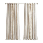 Cotton Printed Curtain Panel with Chenille Stripe - Ivory