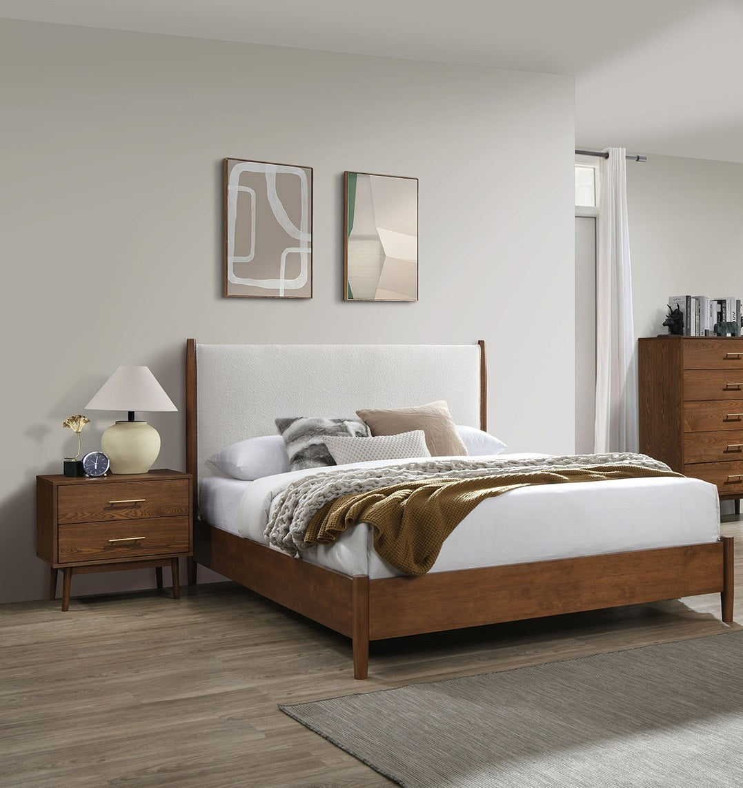 Walnut Color 3pc Bedroom Set with Upholstered Panel Headboard - Beige