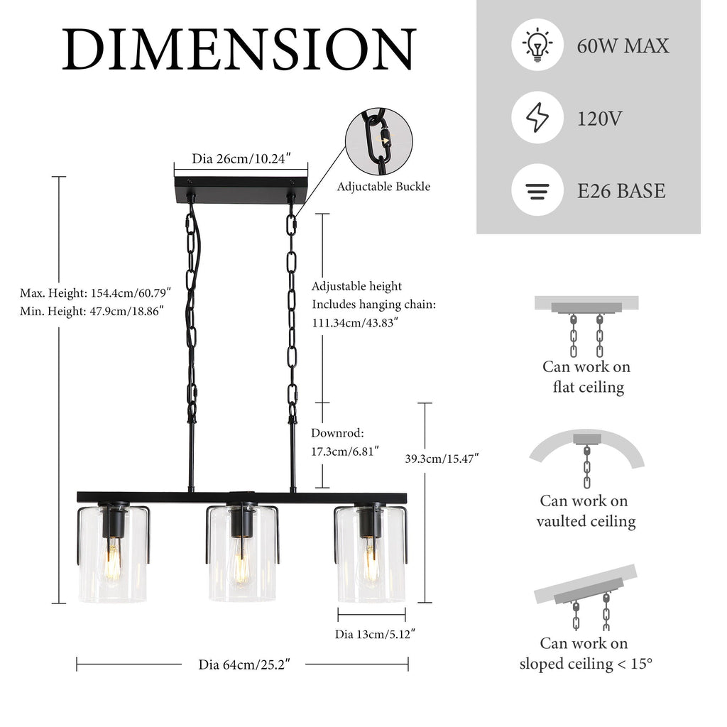 Adjustable Pendant Lighting with Clear Glass Shade - Black or Gold