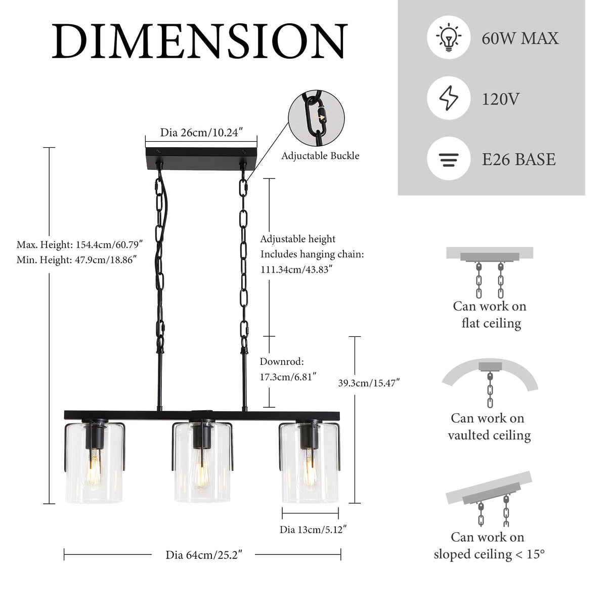 Adjustable Pendant Lighting with Clear Glass Shade - Black or Gold