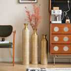 Gold Metal Floor Vases Set with Vine Pattern – Set of 3