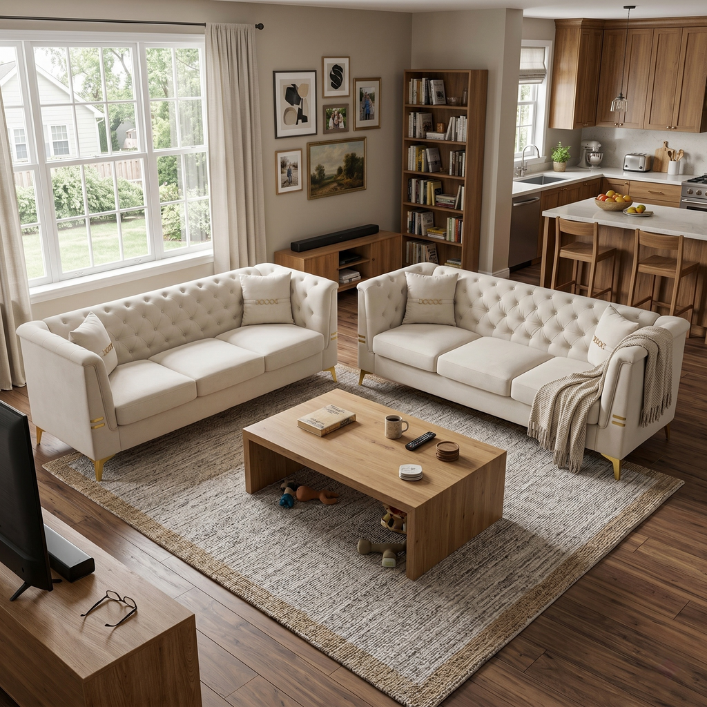 Modern Velvet Upholstered Sofa Set with Tufted Backrest - Cream White