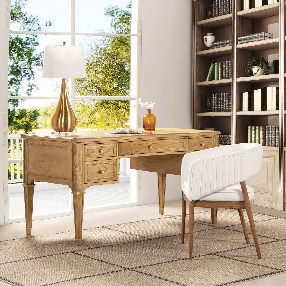 Dauphin 5 Drawer Executive Desk with Solid Rubber Hardwood - Gray or Light Brown